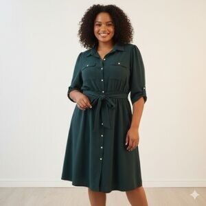 New NAIF Forest Green Button-Front Midi Shirt Dress with Tie Waist